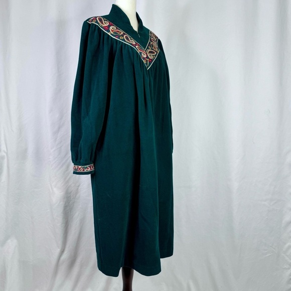 Vintage Vanity Fair Velour Housecoat zip front forest green gold metallic trim L - Picture 9 of 9